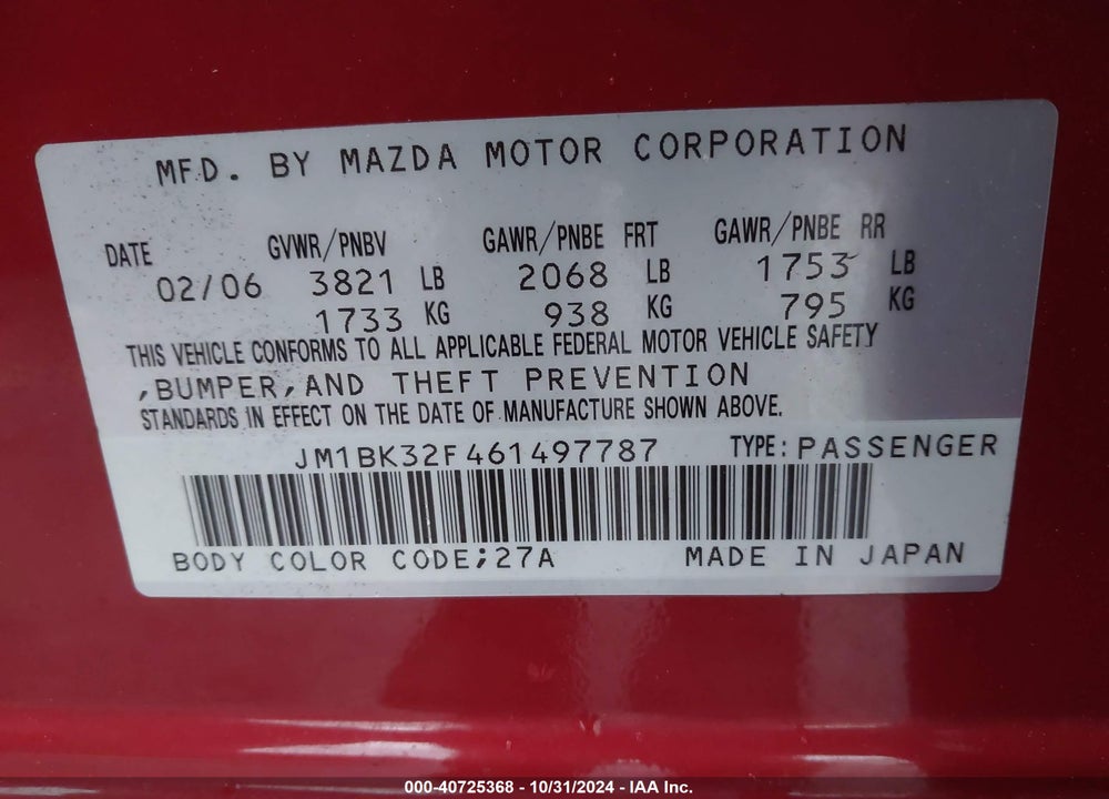 2006 MAZDA 3 I VIN: JM1BK32F461497787