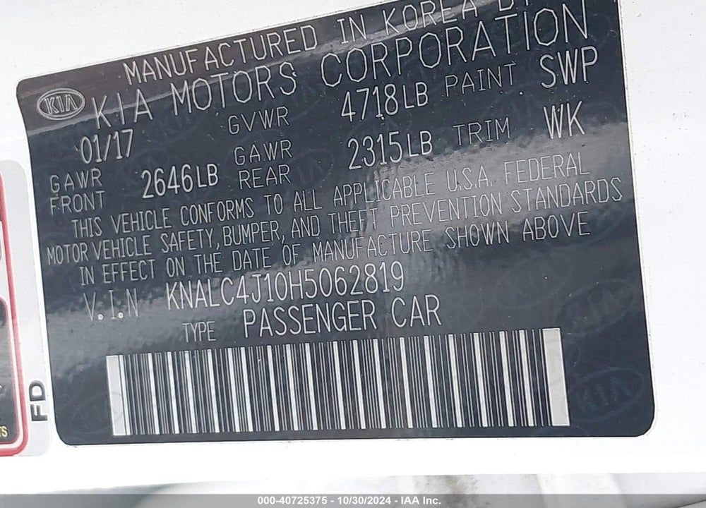 2017 KIA CADENZA TECHNOLOGY VIN: KNALC4J10H5062819