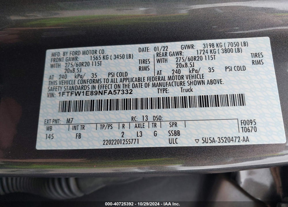 2022 FORD F-150 XLT VIN: 1FTFW1E89NFA57332
