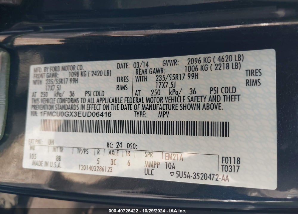 2014 FORD ESCAPE SE VIN: 1FMCU0GX3EUD06416