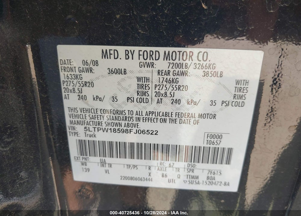 2008 LINCOLN MARK LT VIN: 5LTPW18598FJ06522