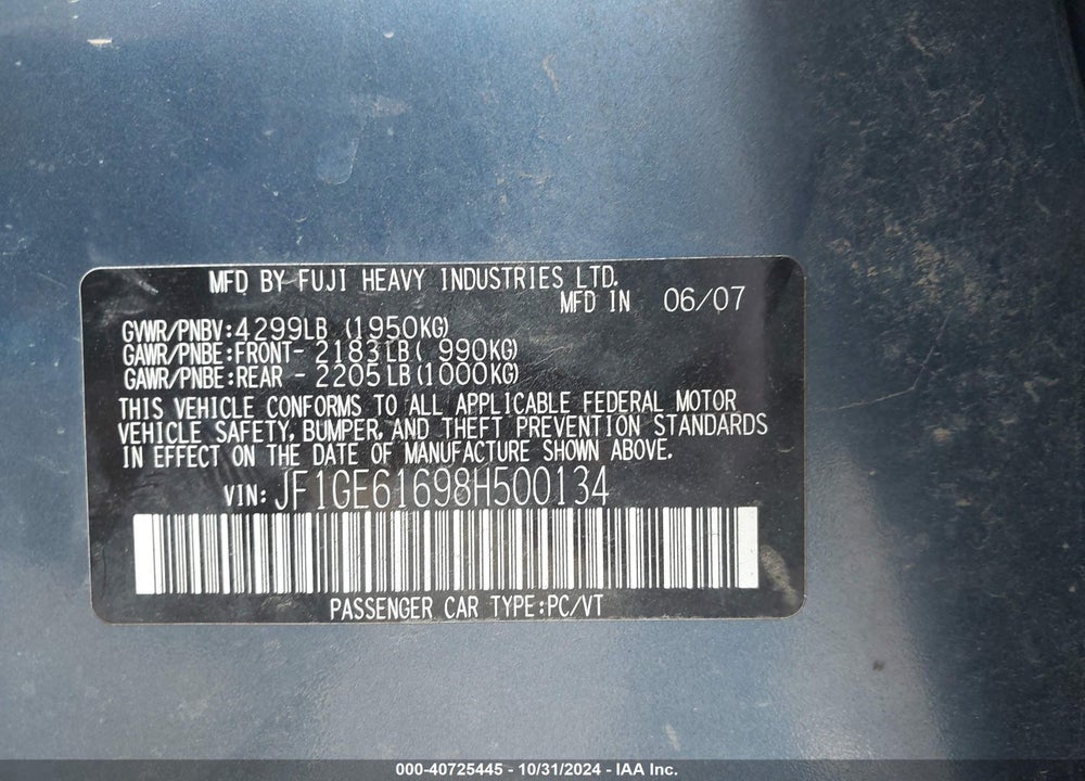 2008 SUBARU IMPREZA 2.5I VIN: JF1GE61698H500134