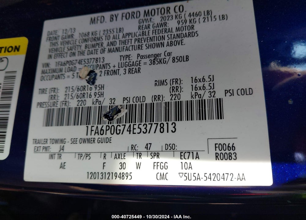 2014 FORD FUSION S VIN: 1FA6P0G74E5377813
