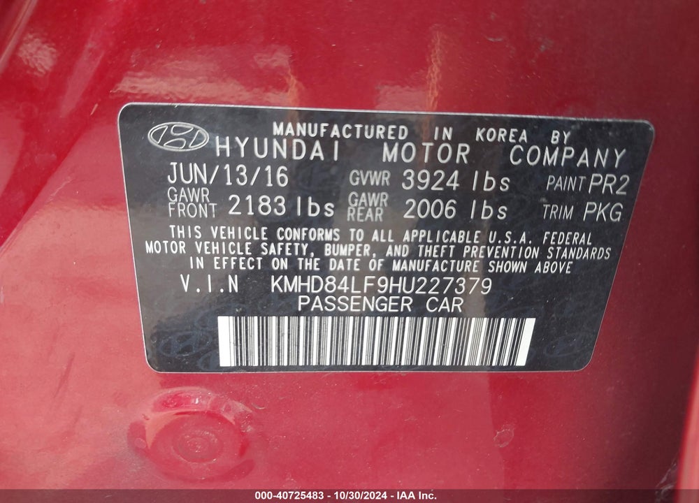 2017 HYUNDAI ELANTRA SE VIN: KMHD84LF9HU227379