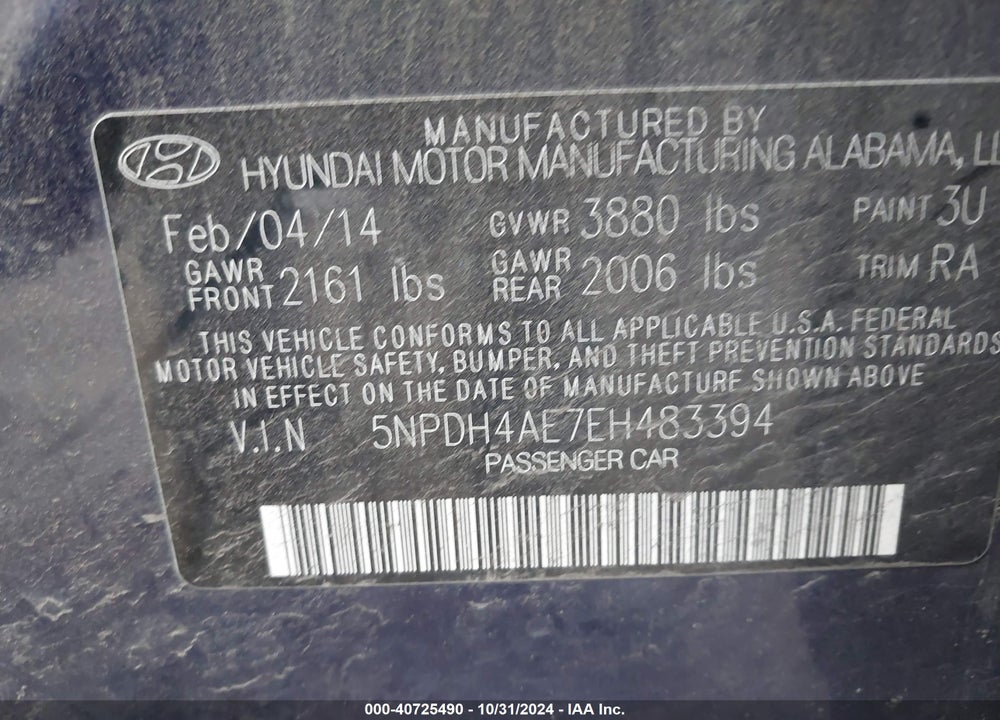 2014 HYUNDAI ELANTRA VIN: 5NPDH4AE7EH483394