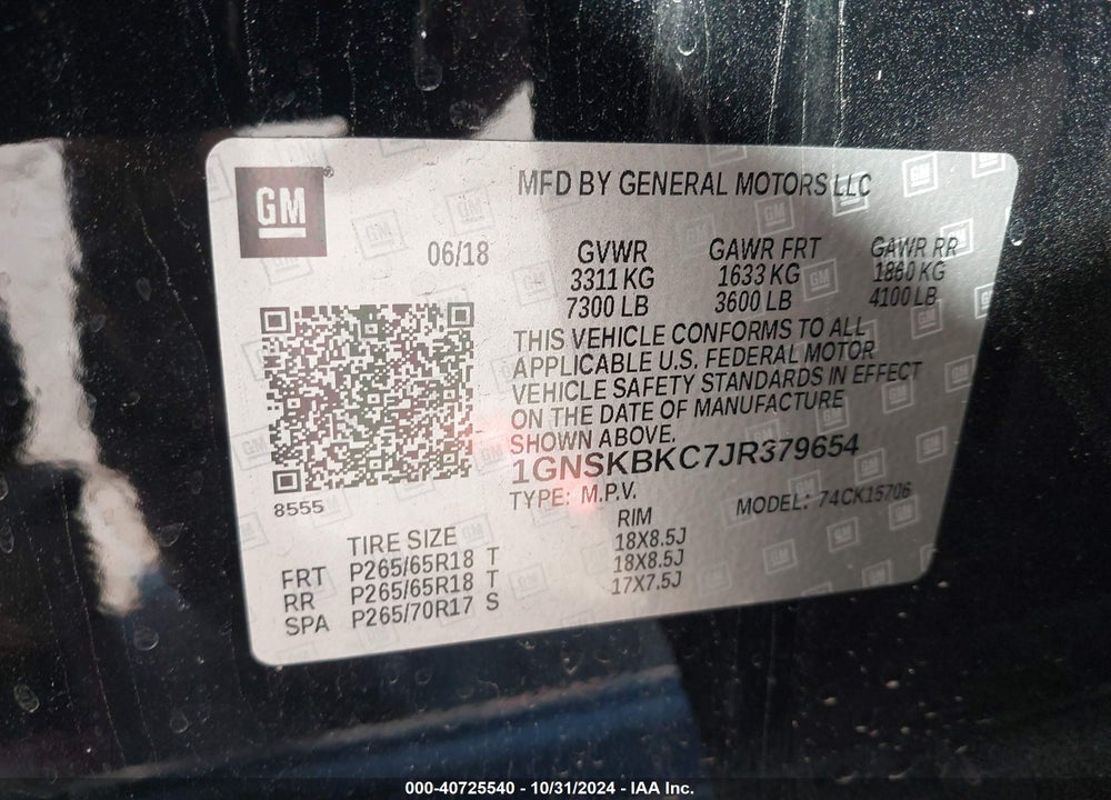 2018 CHEVROLET TAHOE LT VIN: 1GNSKBKC7JR379654