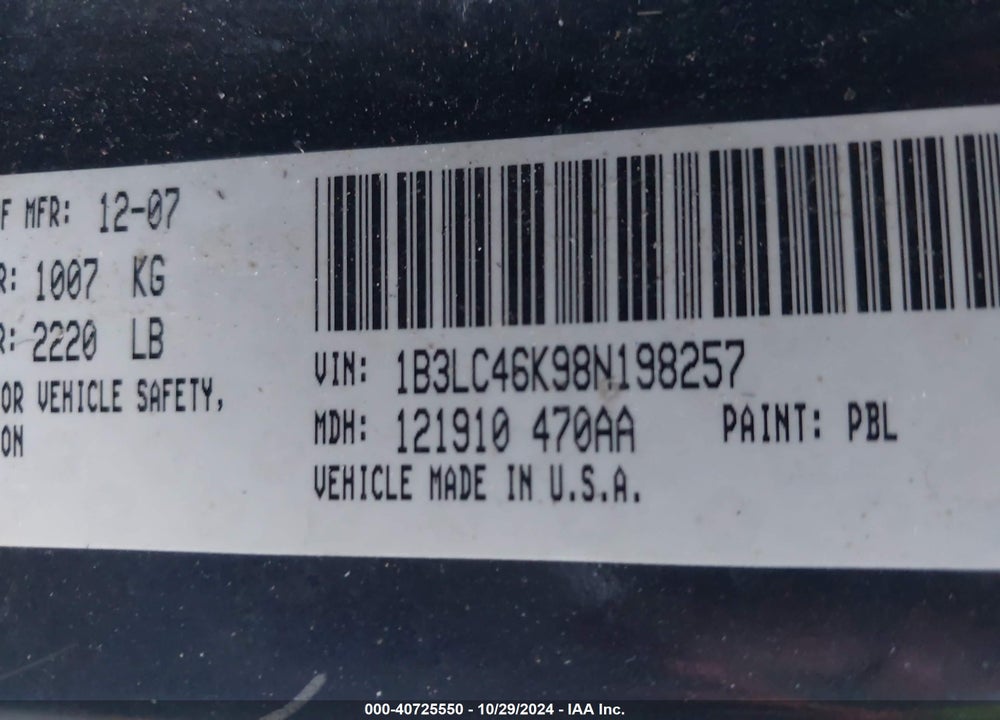 2008 DODGE AVENGER VIN: 1B3LC46K98N198257