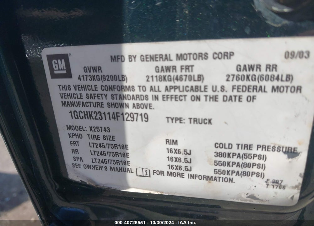 2004 CHEVROLET SILVERADO 2500HD LT VIN: 1GCHK23114F129719