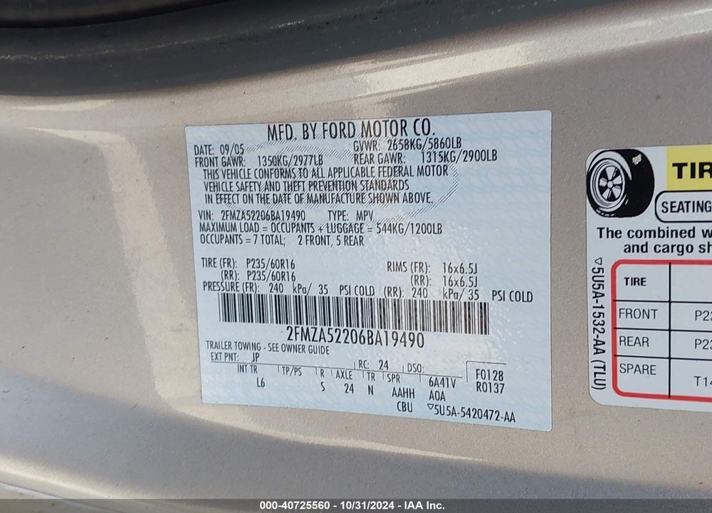 2006 FORD FREESTAR SEL VIN: 2FMZA52206BA19490