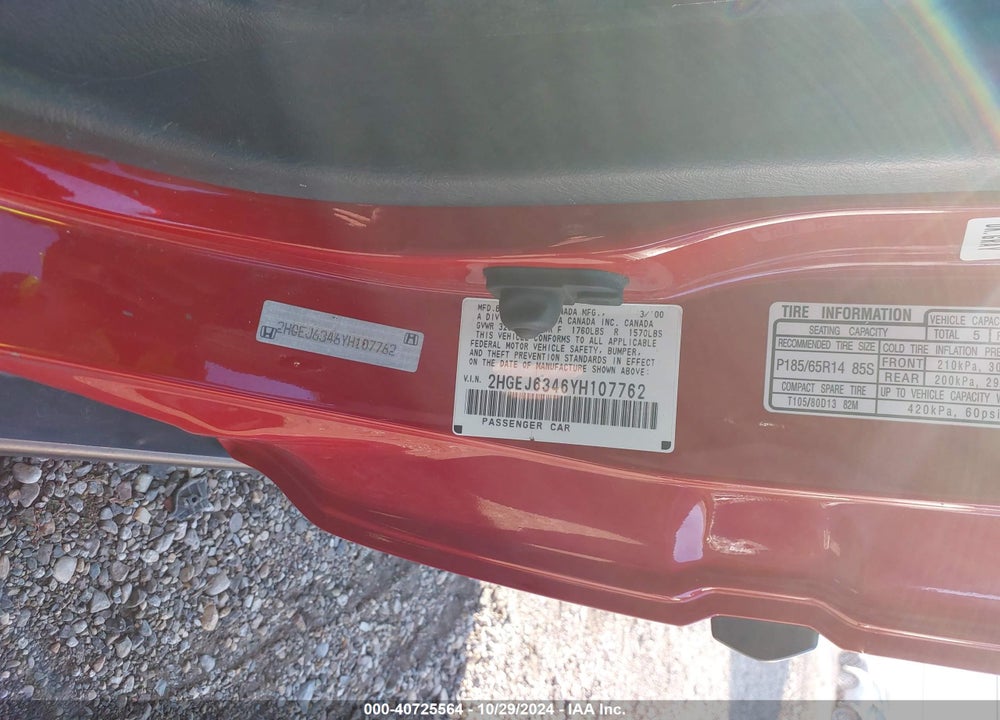 2000 HONDA CIVIC DX VIN: 2HGEJ6346YH107762