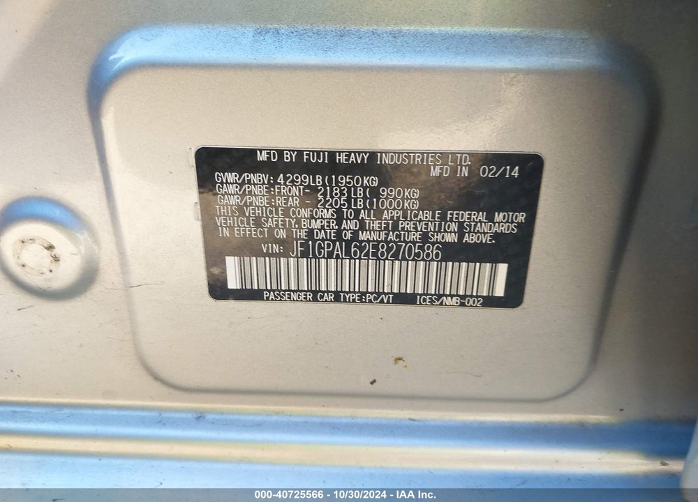 2014 SUBARU IMPREZA 2.0I SPORT PREMIUM VIN: JF1GPAL62E8270586