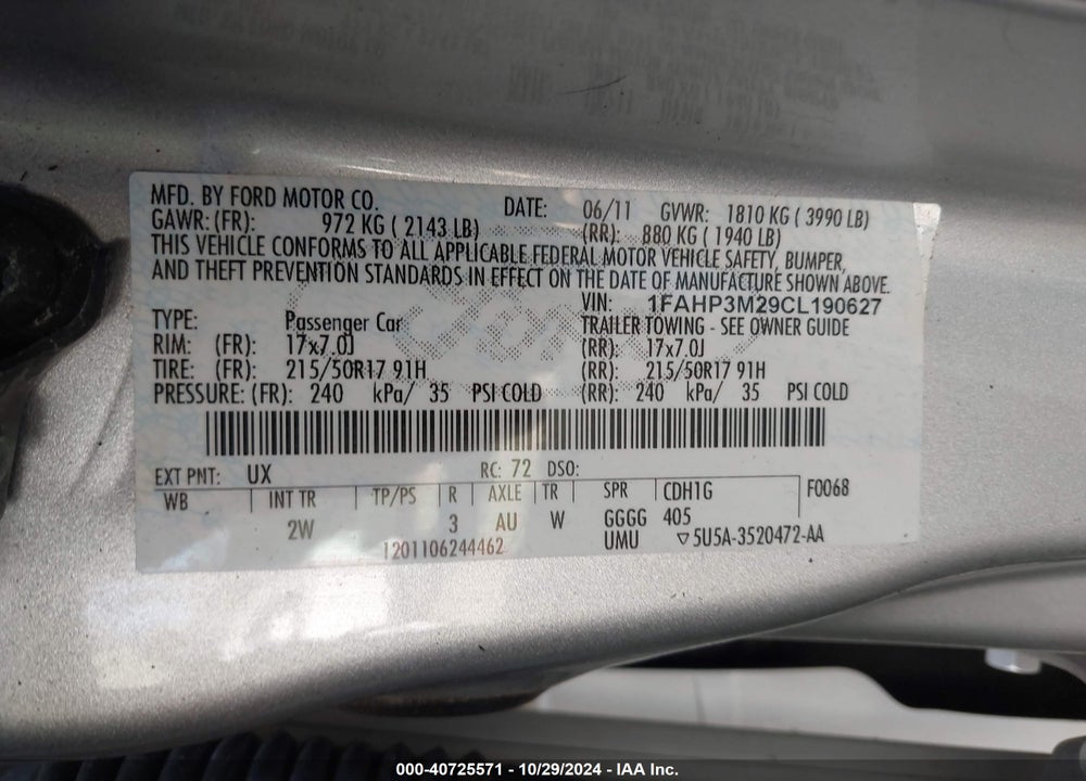 2012 FORD FOCUS SEL VIN: 1FAHP3M29CL190627