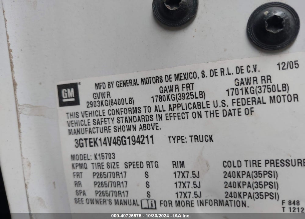 2006 GMC SIERRA 1500 WORK TRUCK VIN: 3GTEK14V46G194211