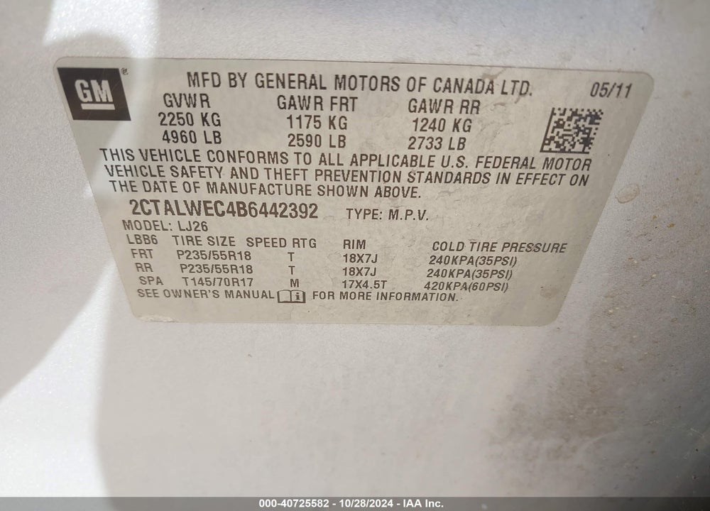 2011 GMC TERRAIN SLT-2 VIN: 2CTALWEC4B6442392