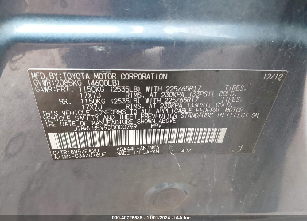 2013 TOYOTA RAV4 XLE VIN: JTMRFREV9DD000799