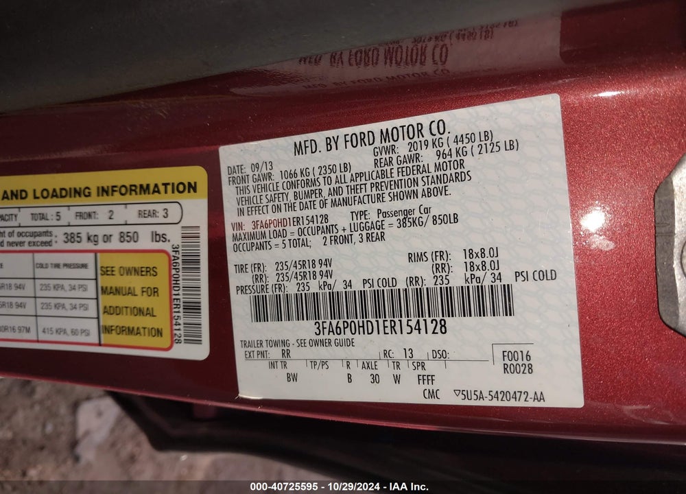 2014 FORD FUSION SE VIN: 3FA6P0HD1ER154128