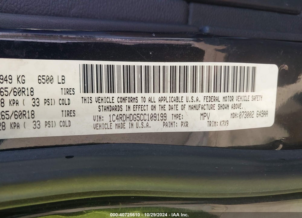 2012 DODGE DURANGO CREW VIN: 1C4RDHDG5CC109199