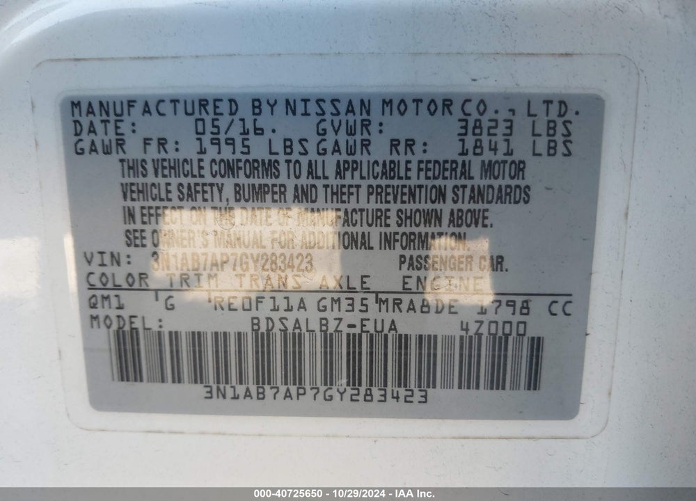 2016 NISSAN SENTRA FE+ S/S/SL/SR/SV VIN: 3N1AB7AP7GY283423