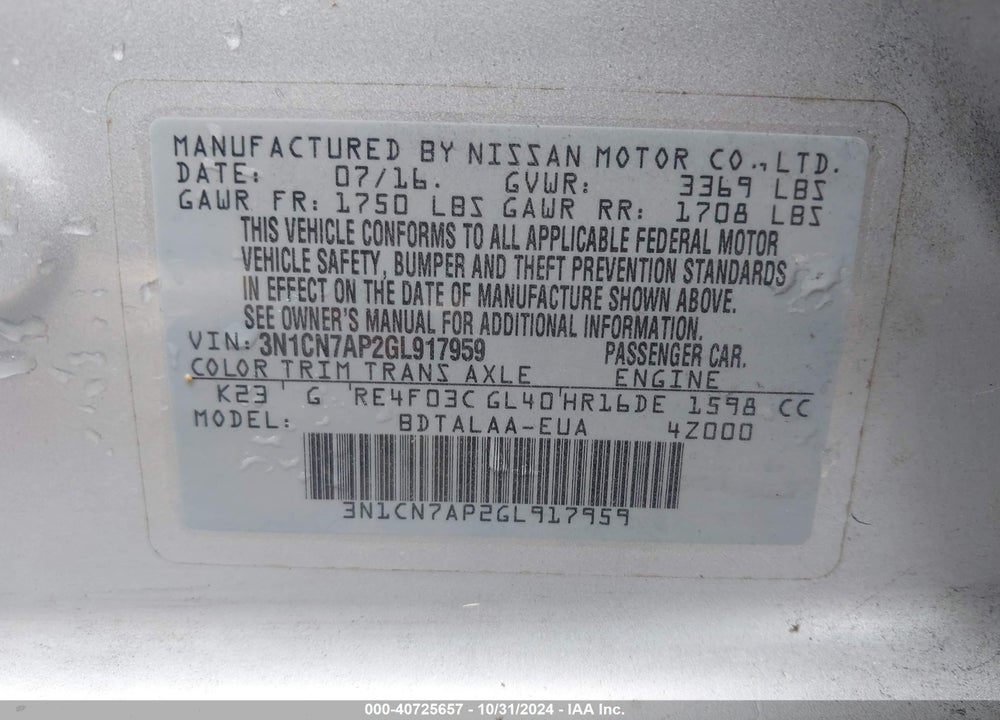 2016 NISSAN VERSA 1.6 S+ VIN: 3N1CN7AP2GL917959