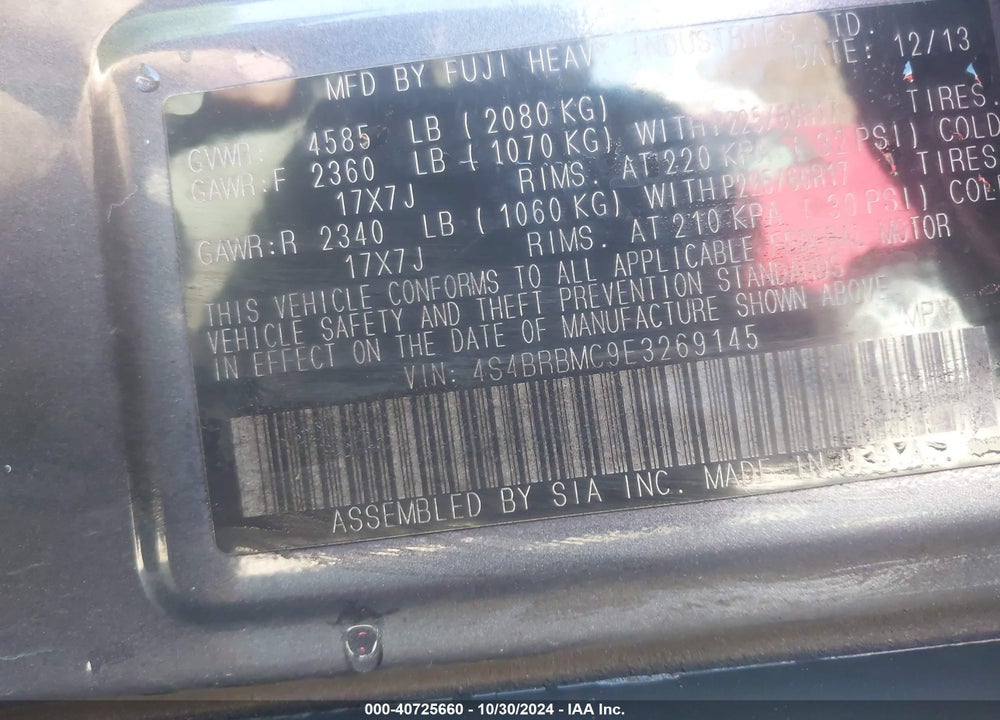2014 SUBARU OUTBACK 2.5I LIMITED VIN: 4S4BRBMC9E3269145
