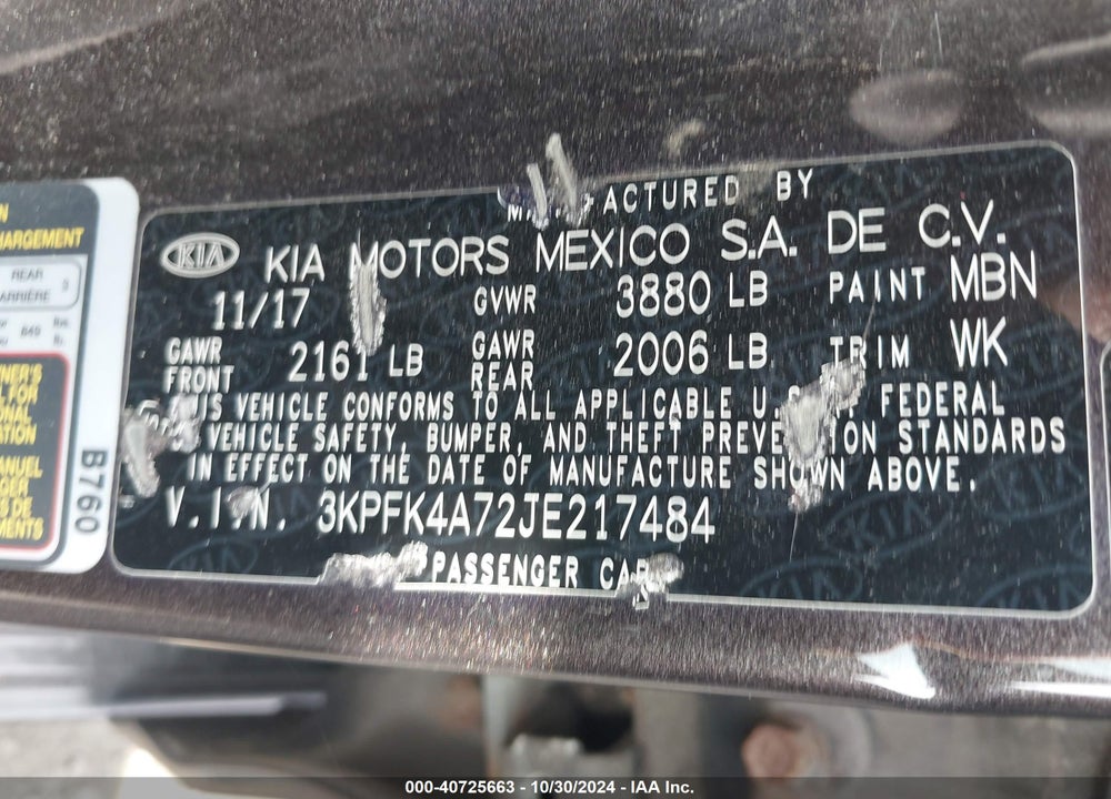 2018 KIA FORTE LX VIN: 3KPFK4A72JE217484