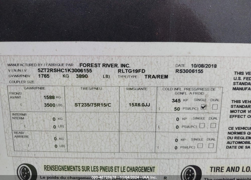 2019 ROCKWOOD GEO PRO VIN: 5ZT2RSHC1K3006155