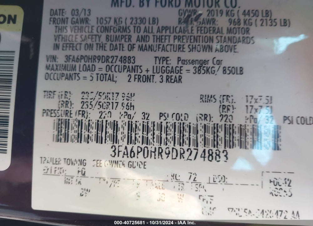 2013 FORD FUSION SE VIN: 3FA6P0HR9DR274883