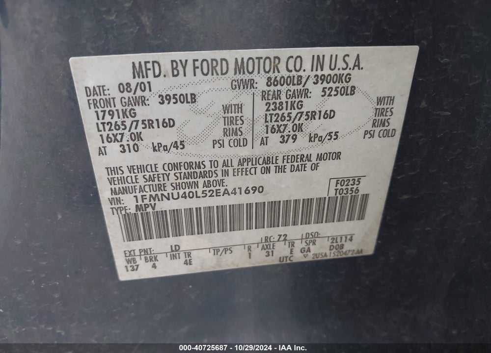 2002 FORD EXCURSION XLT VIN: 1FMNU40L52EA41690