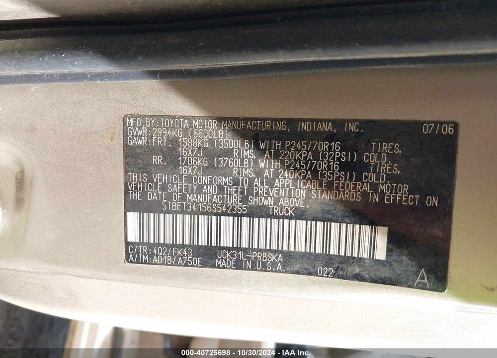 2006 TOYOTA TUNDRA SR5 V8 VIN: 5TBET34156S542355