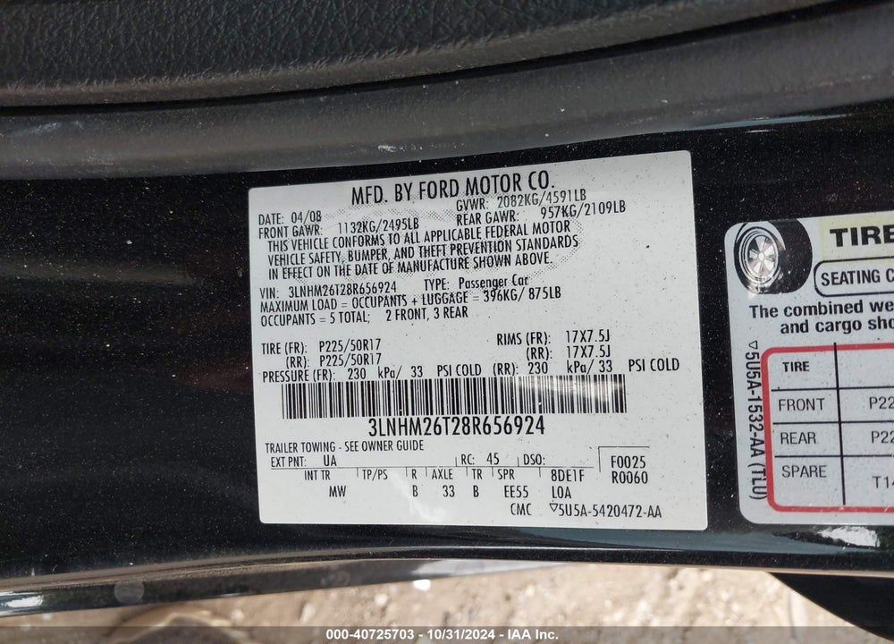 2008 LINCOLN MKZ VIN: 3LNHM26T28R656924