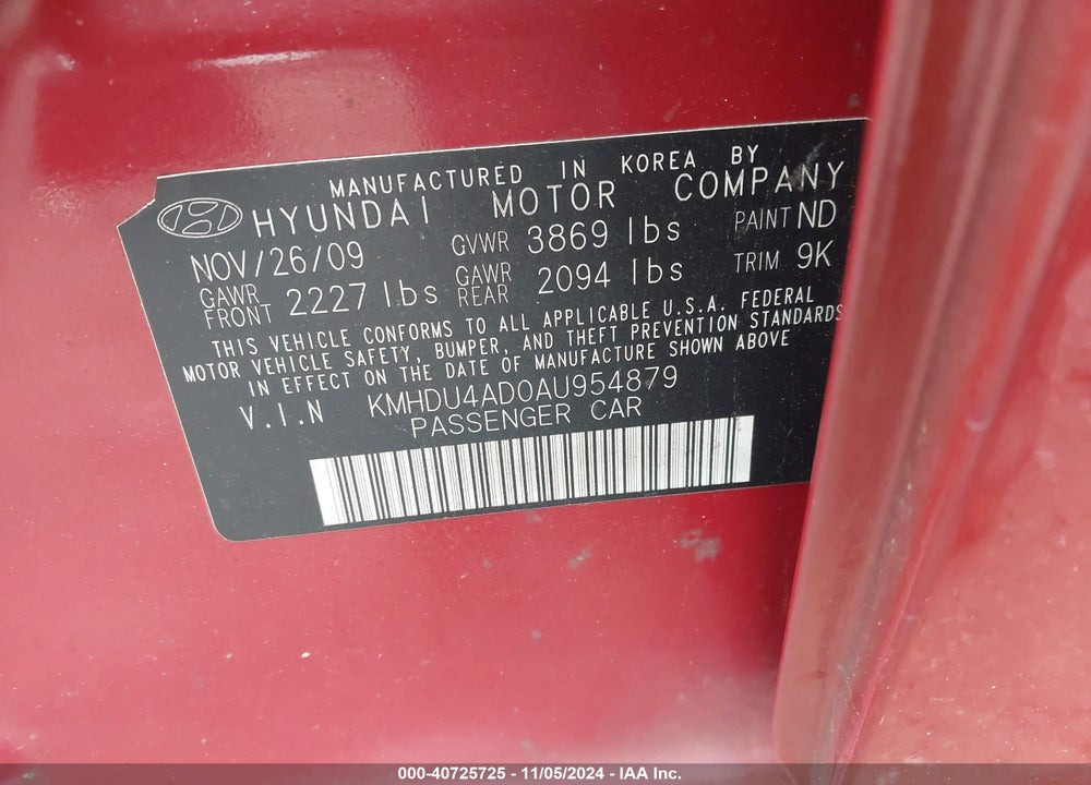 2010 HYUNDAI ELANTRA GLS VIN: KMHDU4AD0AU954879