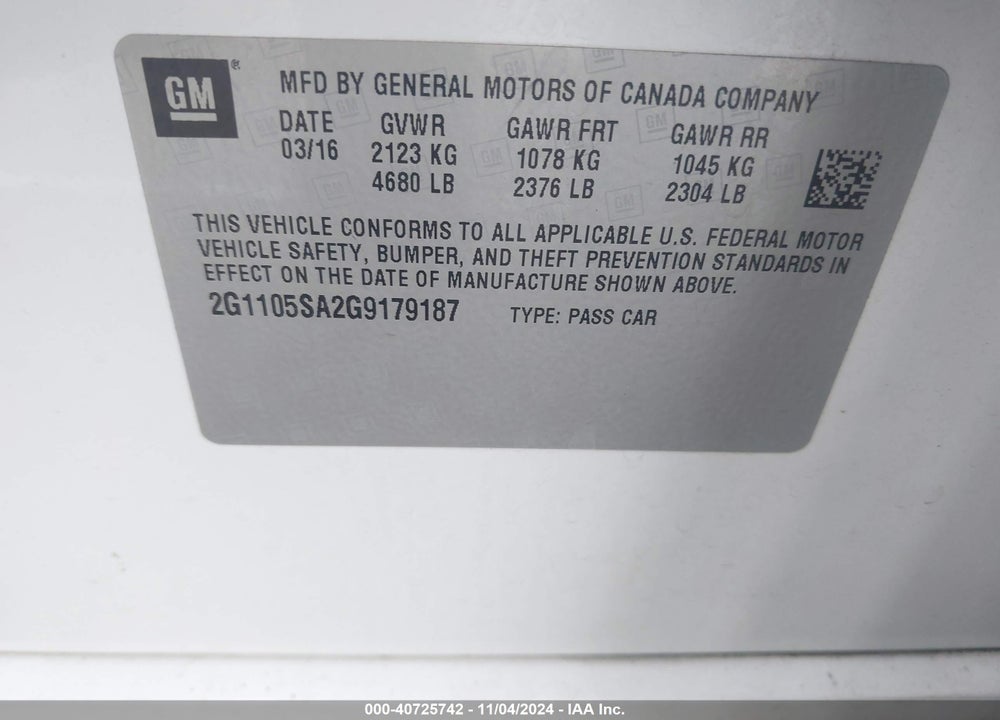 2016 CHEVROLET IMPALA 1LT VIN: 2G1105SA2G9179187