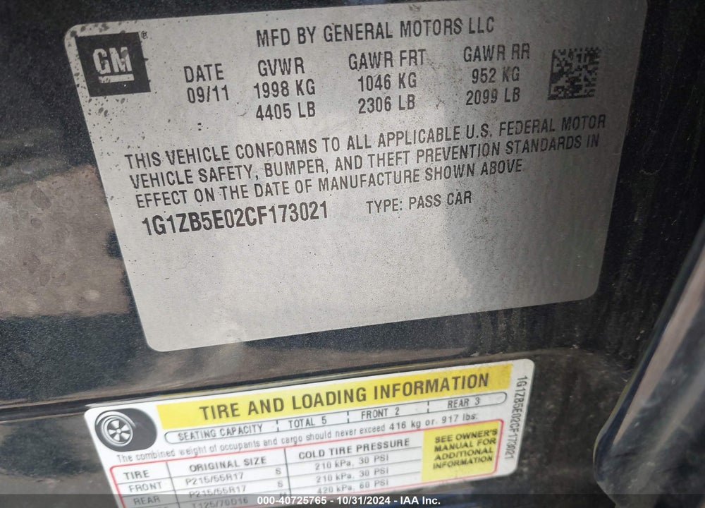 2012 CHEVROLET MALIBU VIN: 1G1ZB5E02CF173021