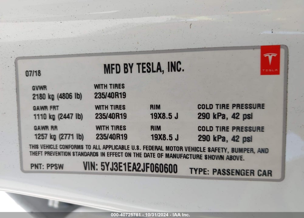 2018 TESLA MODEL 3 LONG RANGE/MID RANGE VIN: 5YJ3E1EA2JF060600