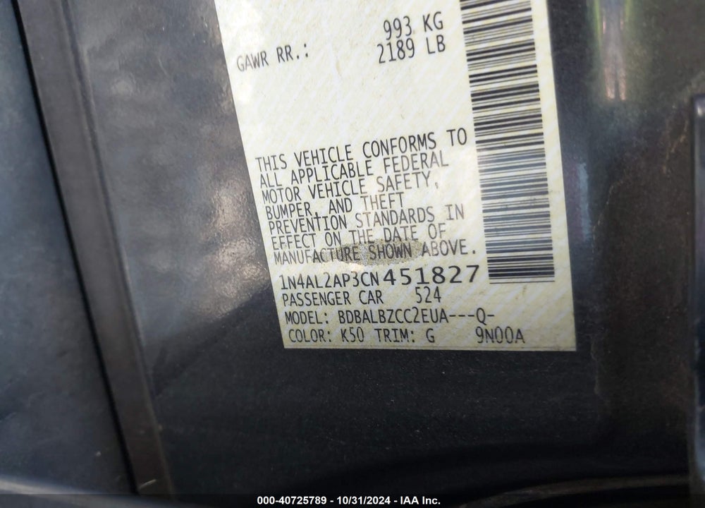 2012 NISSAN ALTIMA 2.5 S VIN: 1N4AL2AP3CN451827