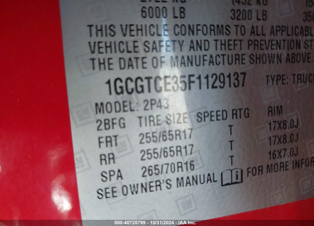 2015 CHEVROLET COLORADO Z71 VIN: 1GCGTCE35F1129137