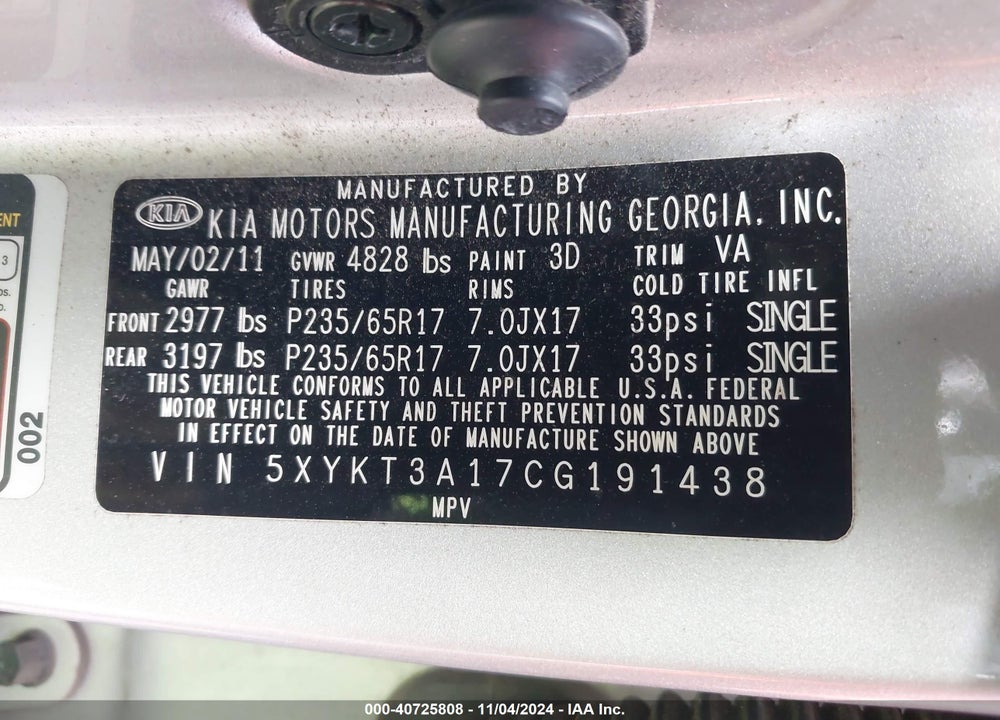 2012 KIA SORENTO LX VIN: 5XYKT3A17CG191438