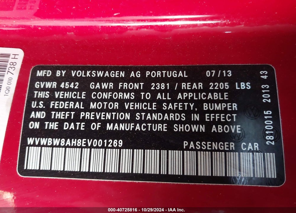 2014 VOLKSWAGEN EOS KOMFORT VIN: WVWBW8AH8EV001269