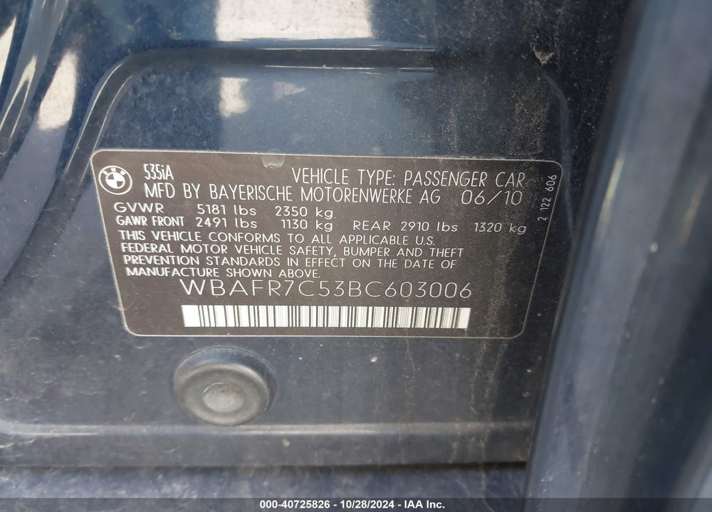 2011 BMW 535I VIN: WBAFR7C53BC603006