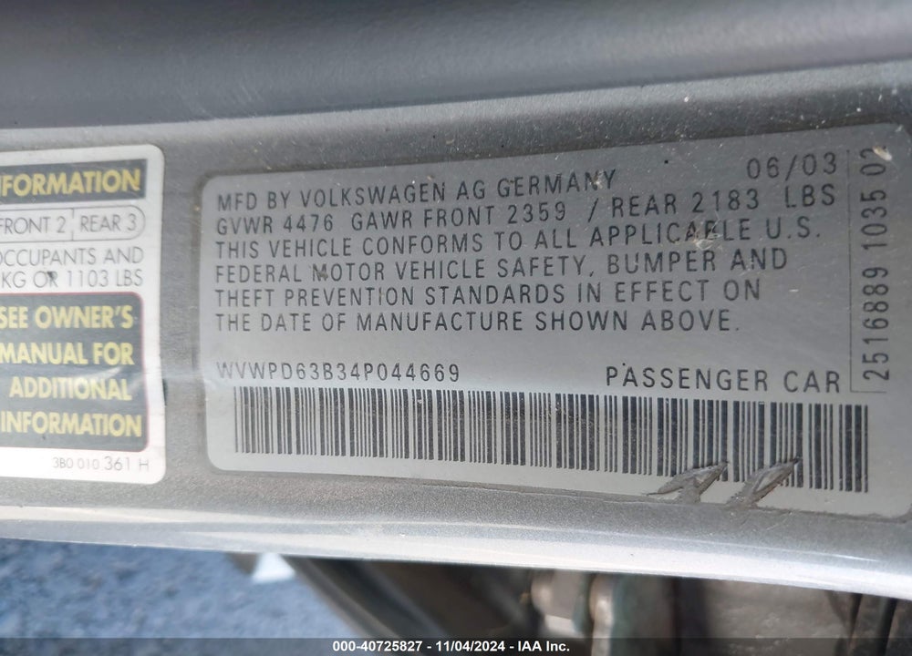 2004 VOLKSWAGEN PASSAT VIN: WVWPD63B34P044669