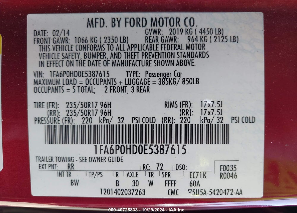 2014 FORD FUSION SE VIN: 1FA6P0HD0E5387615
