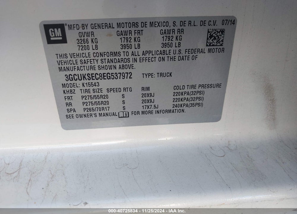 2014 CHEVROLET SILVERADO 1500 VIN: 3GCUKSEC8EG537972