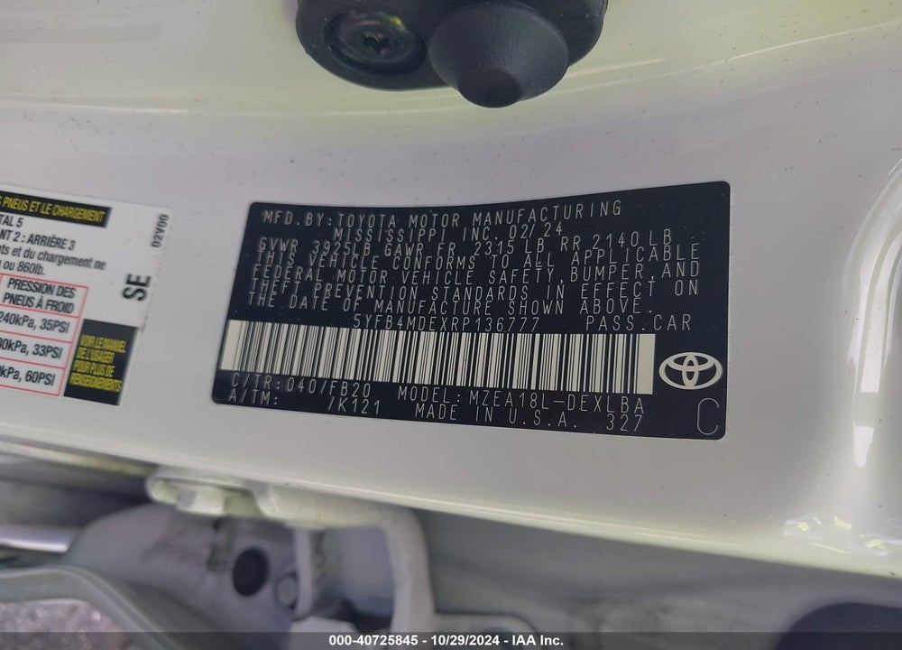 2024 TOYOTA COROLLA LE VIN: 5YFB4MDEXRP136777