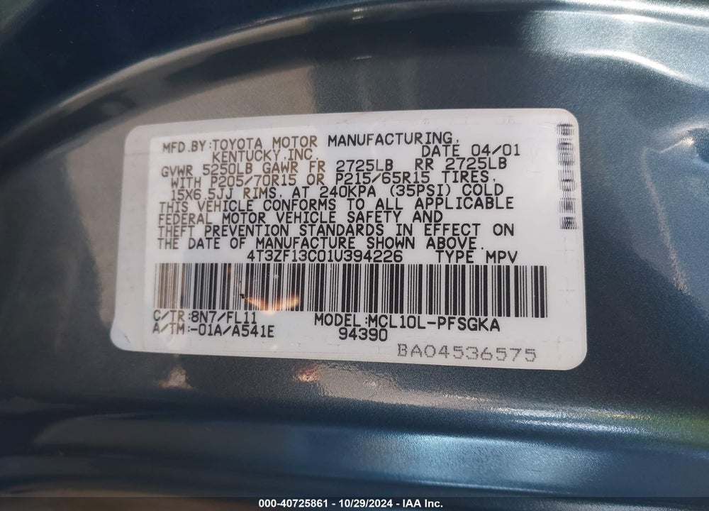 2001 TOYOTA SIENNA XLE VIN: 4T3ZF13C01U394226
