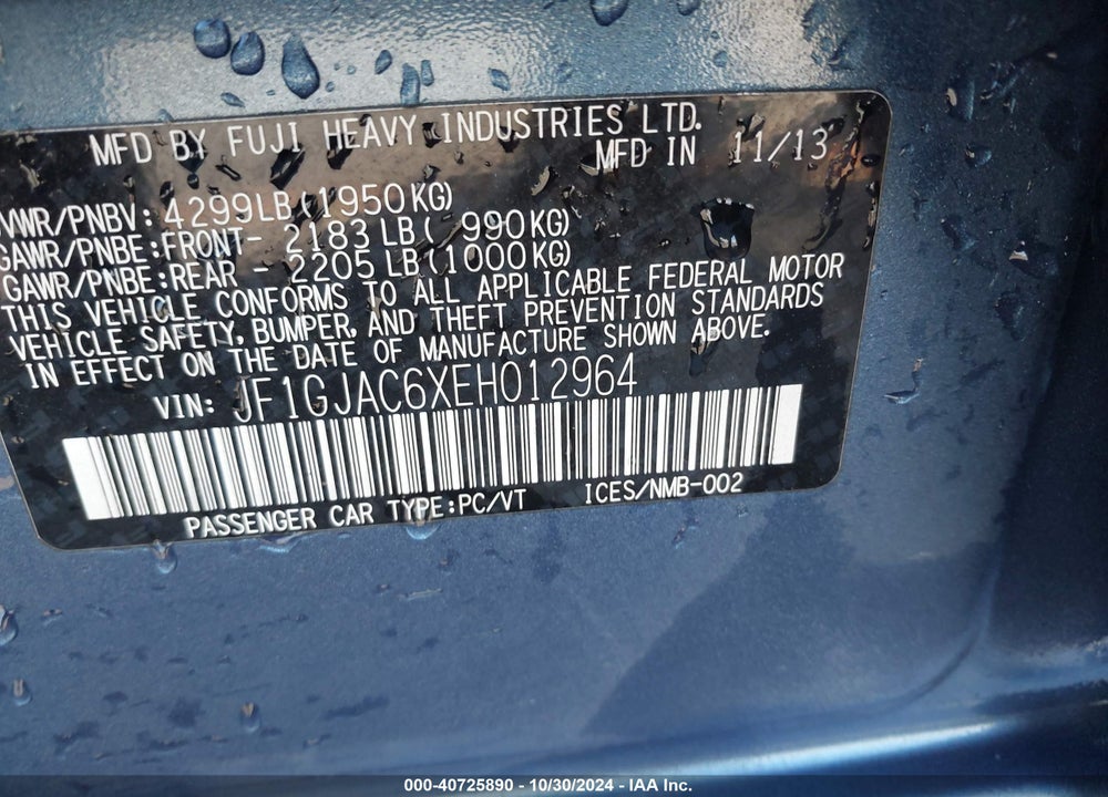 2014 SUBARU IMPREZA 2.0I PREMIUM VIN: JF1GJAC6XEH012964