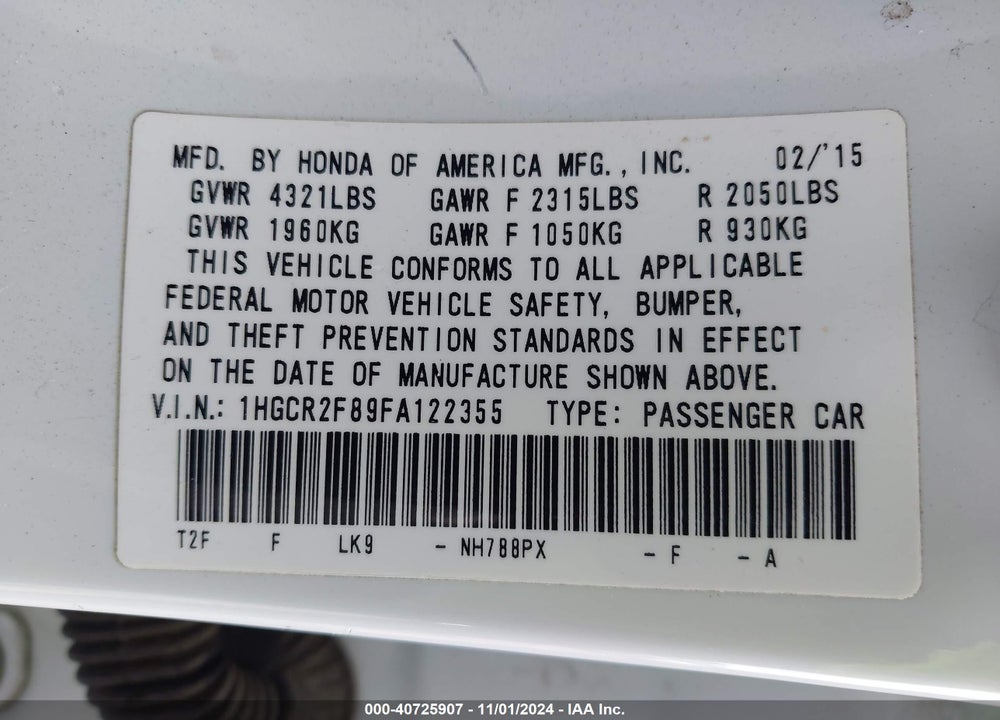2015 HONDA ACCORD EX-L VIN: 1HGCR2F89FA122355