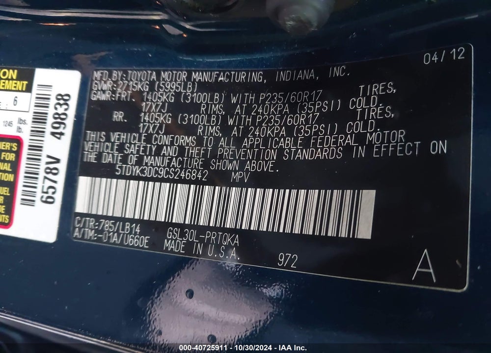 2012 TOYOTA SIENNA XLE V6 7 PASSENGER AUTO ACCESS SEAT/XLE V6 8 PASSENGER VIN: 5TDYK3DC9CS246842