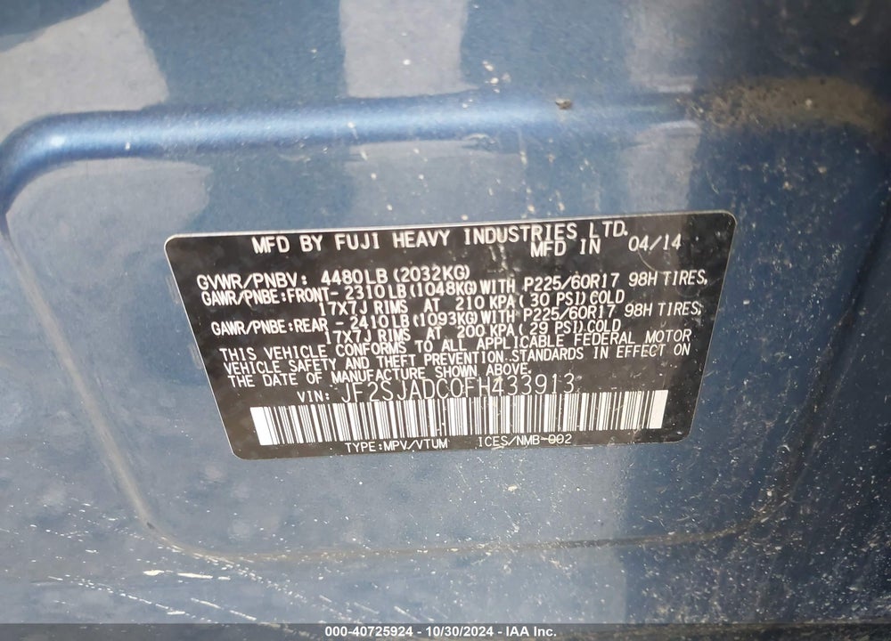 2015 SUBARU FORESTER 2.5I PREMIUM VIN: JF2SJADC0FH433913