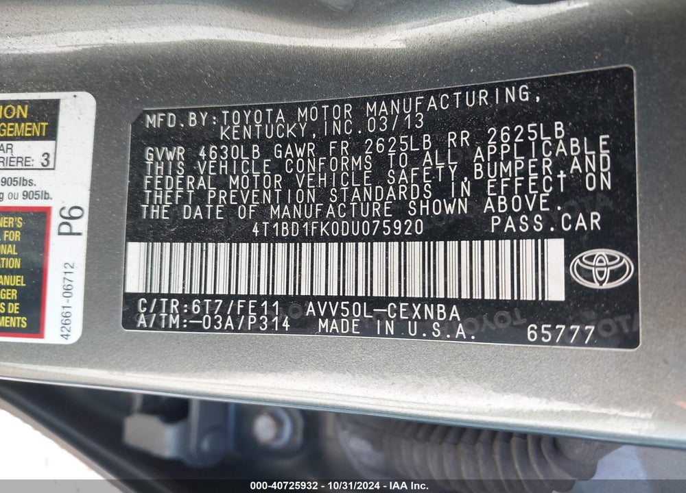 2013 TOYOTA CAMRY HYBRID LE/XLE VIN: 4T1BD1FK0DU075920