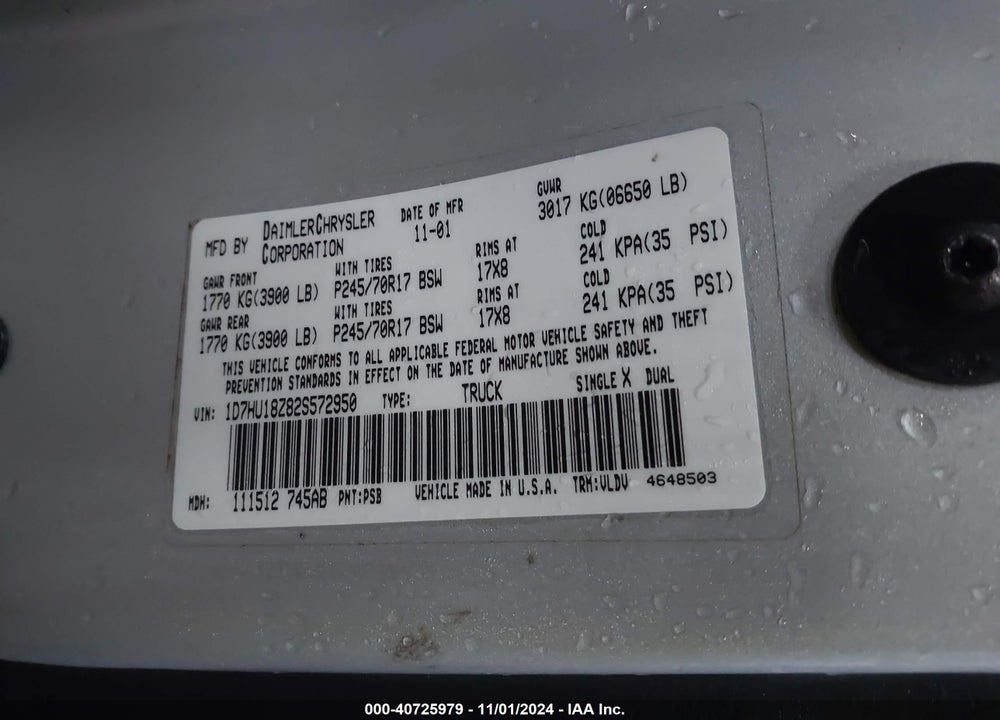 2002 DODGE RAM 1500 ST VIN: 1D7HU18Z82S572950